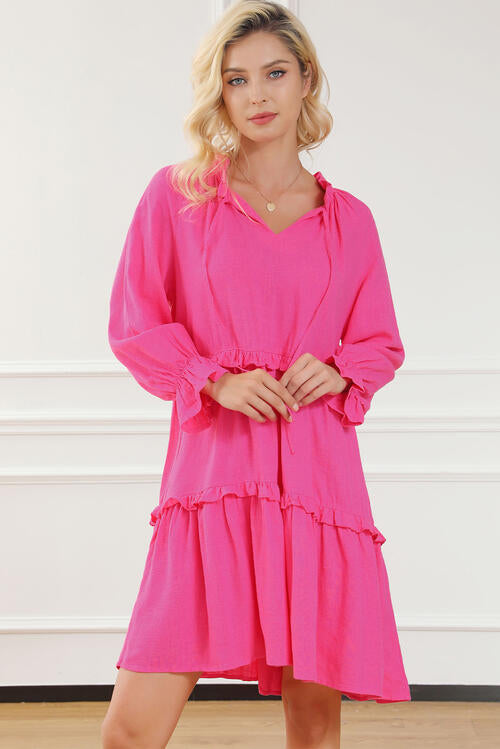 Tie Neck Flounce Sleeve Tiered Dress |1mrk.com