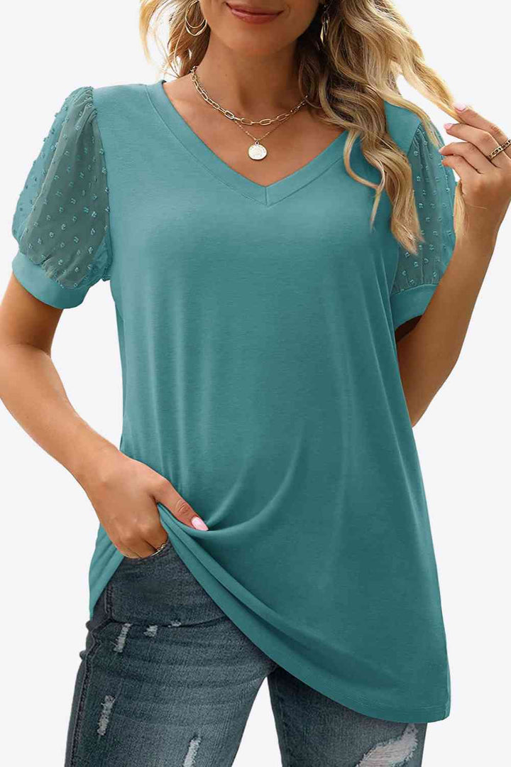 Swiss Dot Puff Sleeve V-Neck Tee | 1mrk.com