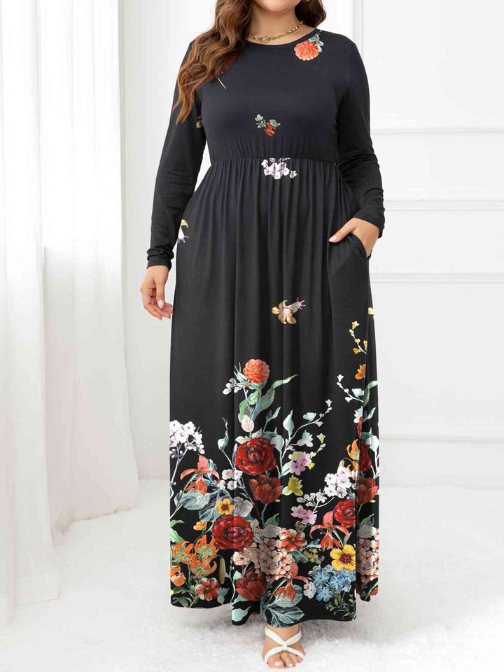 Plus Size Round Neck Maxi Dress with Pockets | 1mrk.com