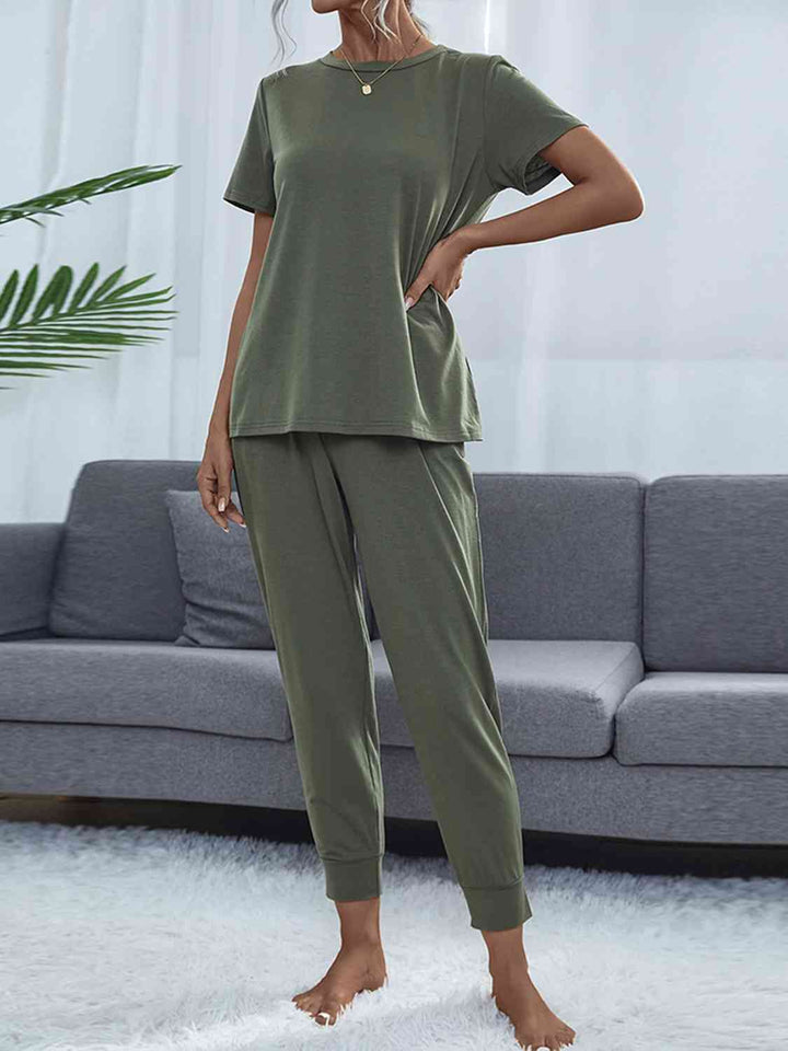 Round Neck Short Sleeve Top and Pants Set | 1mrk.com