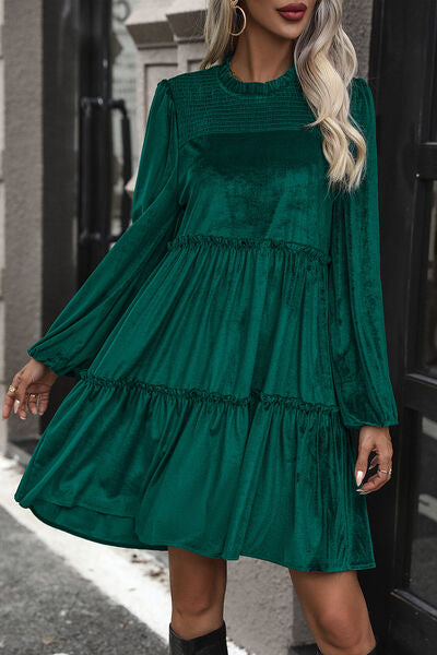 Smocked Balloon Sleeve Frill Trim Tiered Dress | 1mrk.com