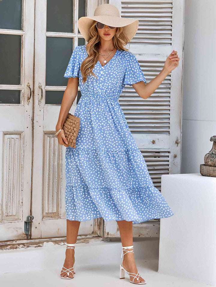 Printed Flutter Sleeve Tiered Dress |1mrk.com