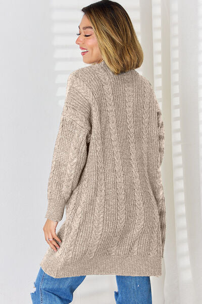 Cable-Knit Open Front Dropped Shoulder Cardigan | Trendsi