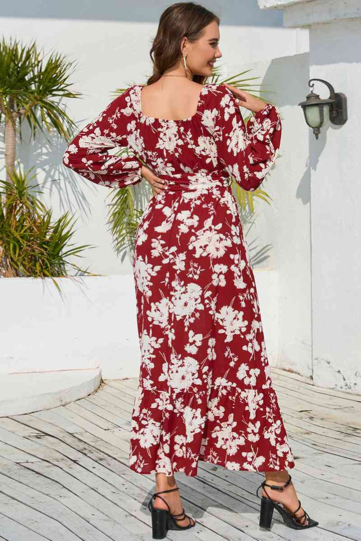 Floral Print V-Neck Long Sleeve Maxi Dress |1mrk.com