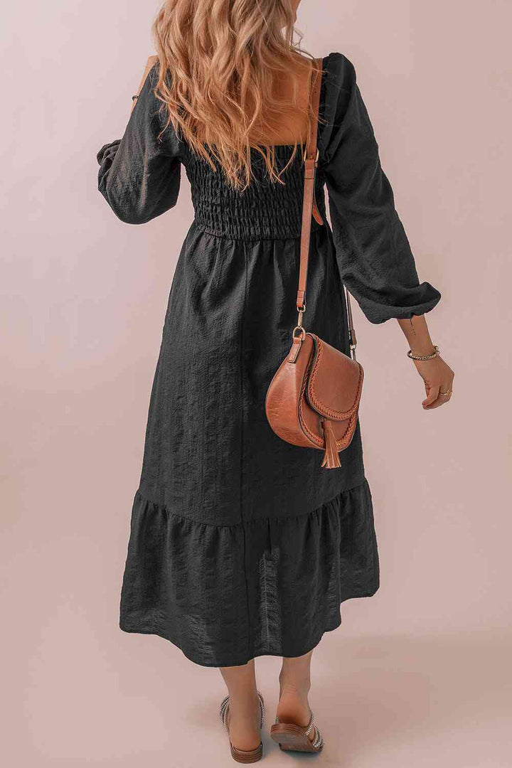 Square Neck Smocked Long Sleeve Dress |1mrk.com