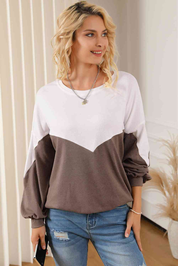 Contrast Round Neck Lantern Sleeve Sweatshirt |1mrk.com