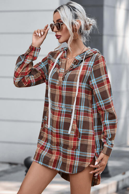 Plaid Drawstring Long Sleeve Hooded Dress with Pocket |1mrk.com