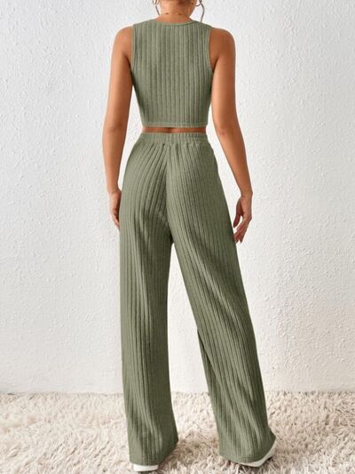 Ribbed Round Neck Tank and Pants Sweater Set |1mrk.com