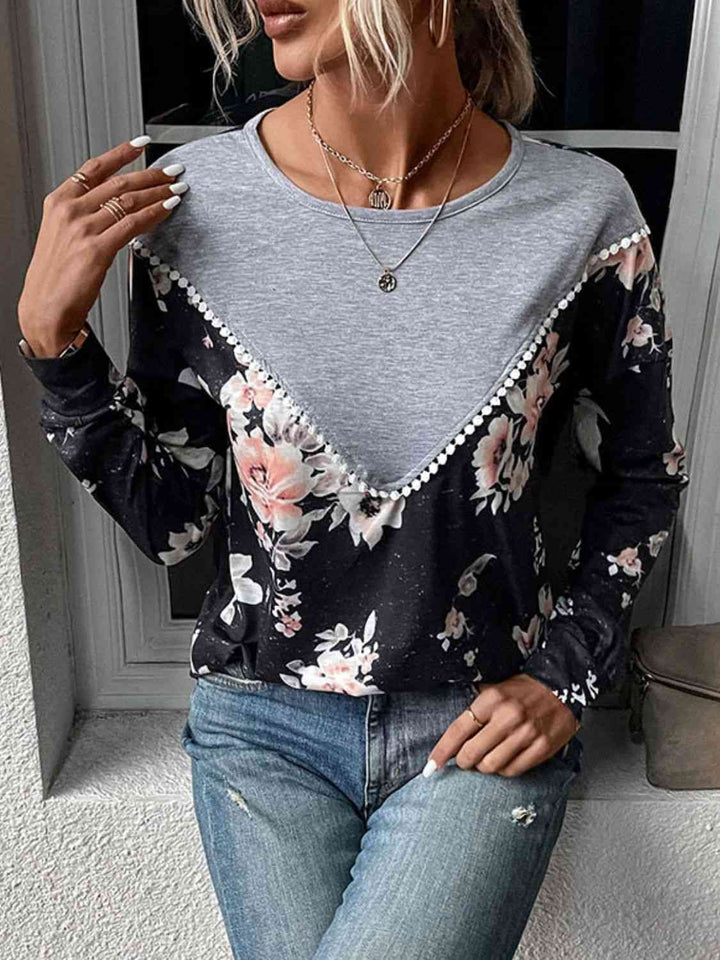 Floral Print Contrast Round Neck Dropped Shoulder Sweatshirt |1mrk.com