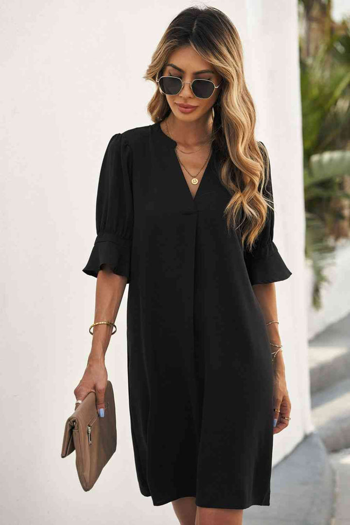 Puff Sleeve Notched Mini Shift Dress |1mrk.com