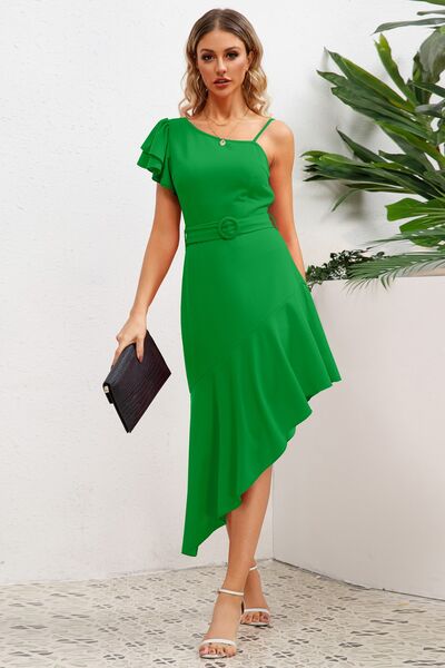 Ruffled Asymmetrical Neck Flutter Sleeve Dress |1mrk.com