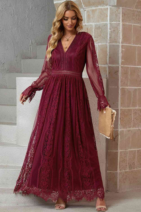 Scalloped Hem Flounce Sleeve Lace V-Neck Maxi Dress |1mrk.com