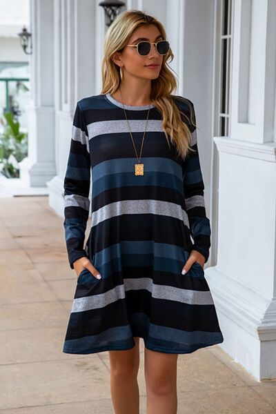 Striped Round Neck Long Sleeve Dress |1mrk.com