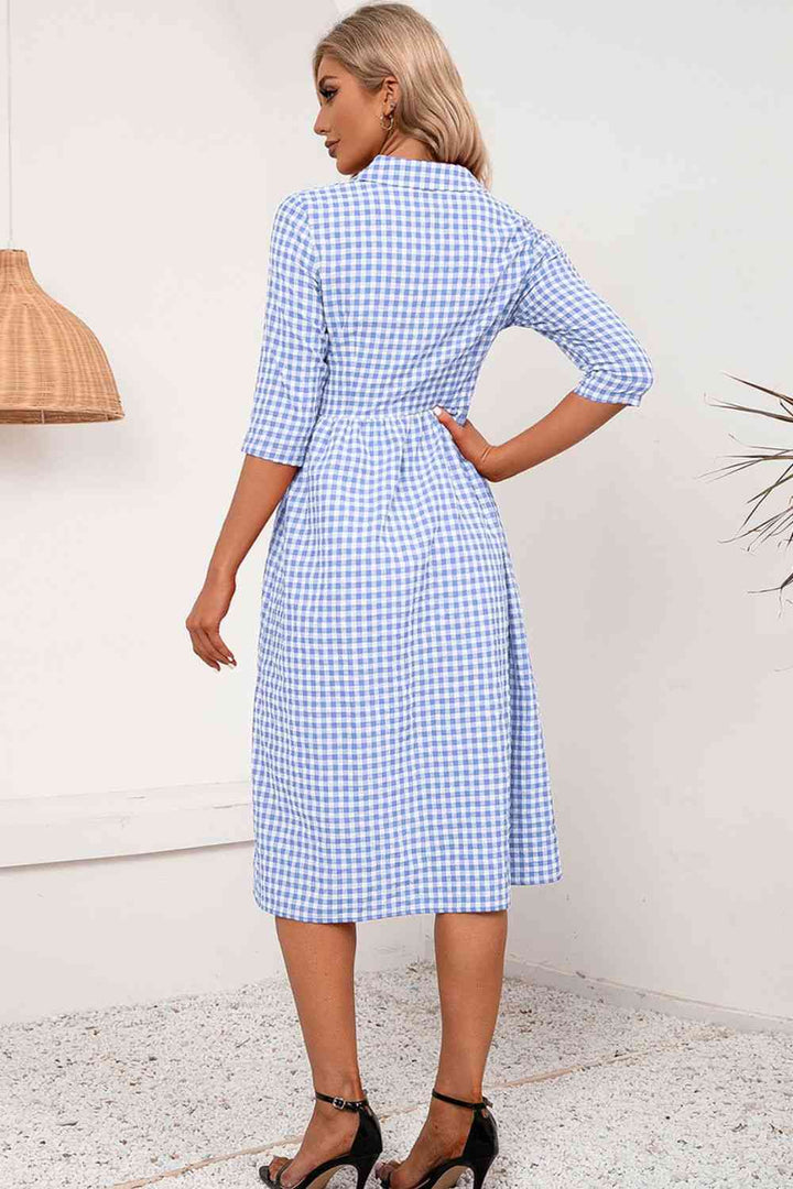 Plaid Collared Neck Midi Dress |1mrk.com