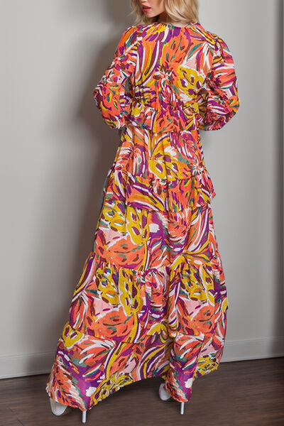 Printed Ruffled V-Neck Tiered Dress |1mrk.com