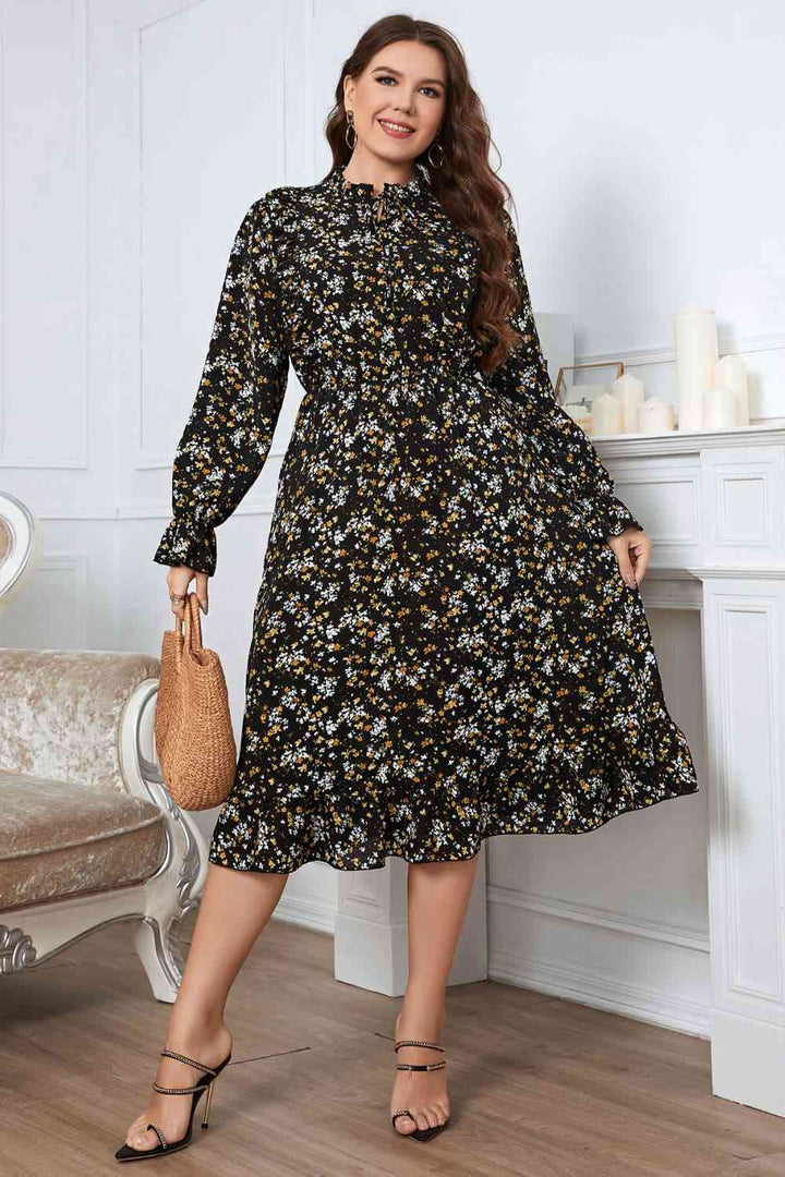 Melo Apparel Plus Size Floral Flounce Sleeve Midi Dress |1mrk.com