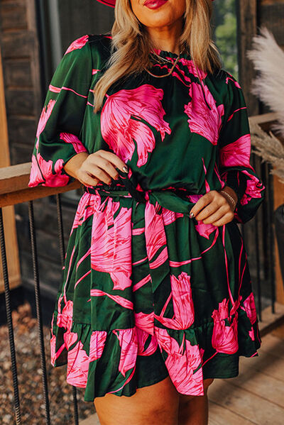 Plus Size Printed Lantern Sleeve Ruffle Hem Dress |1mrk.com