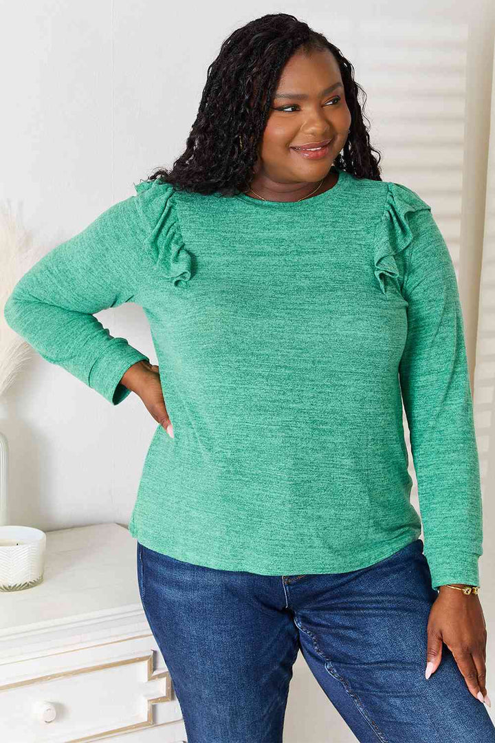 Double Take Ruffle Shoulder Long Sleeve T-Shirt | 1mrk.com