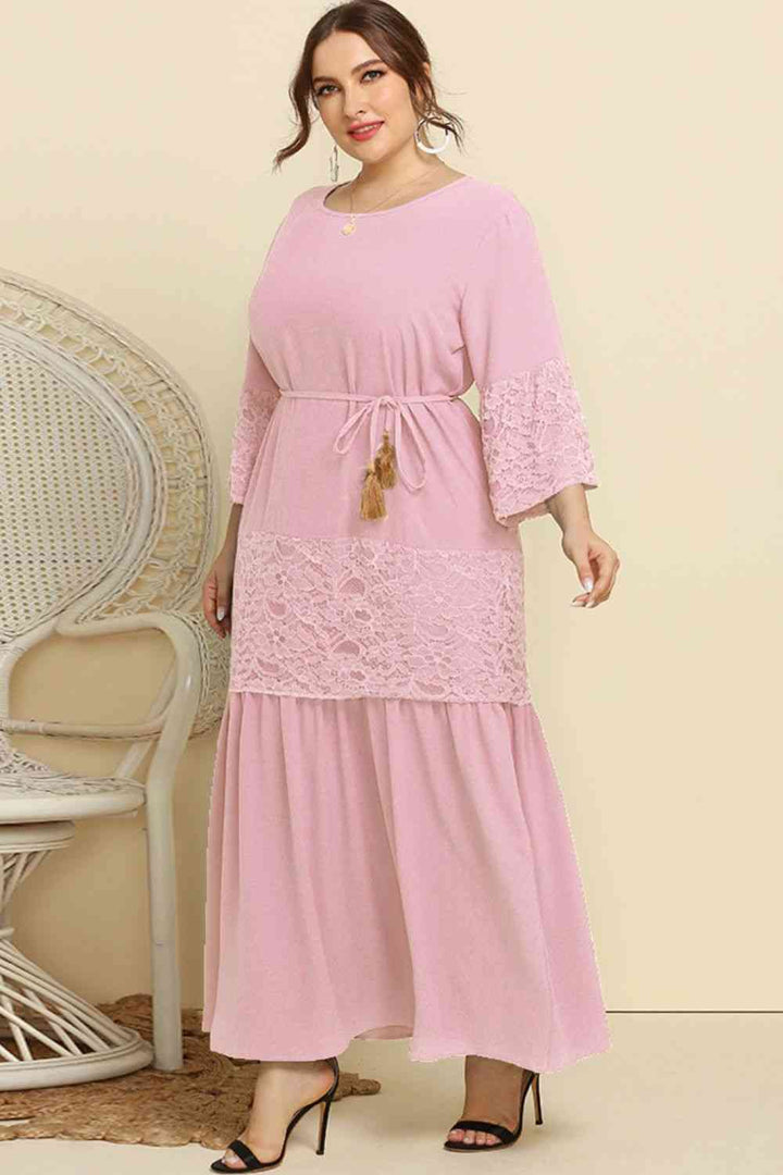 Plus Size Spliced Lace Tassel Belted Dress |1mrk.com