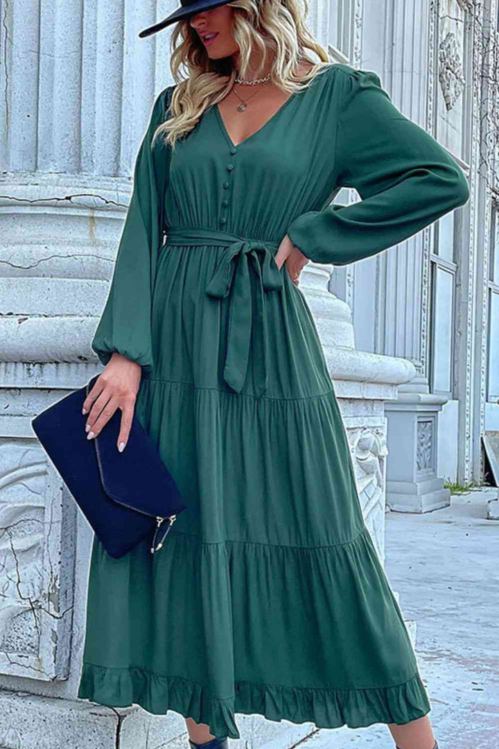 Buttoned V-Neck Puff Sleeve Tiered Dress |1mrk.com