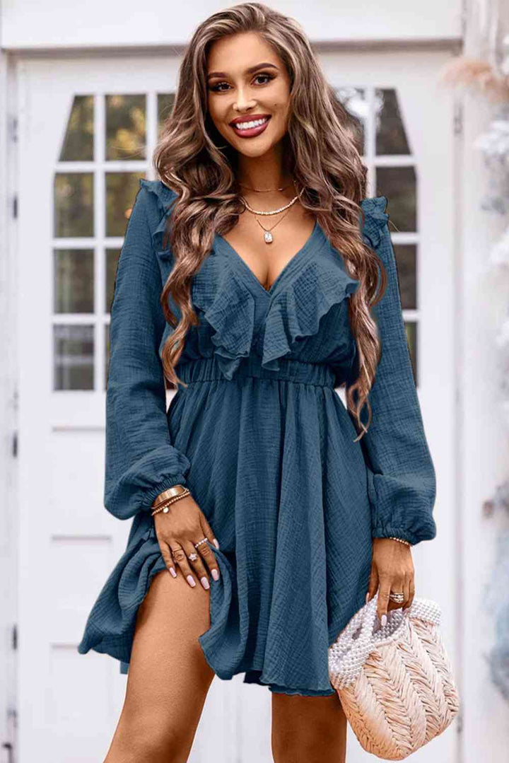 Ruffle Trim V-Neck Long Sleeve Mini Dress | 1mrk.com