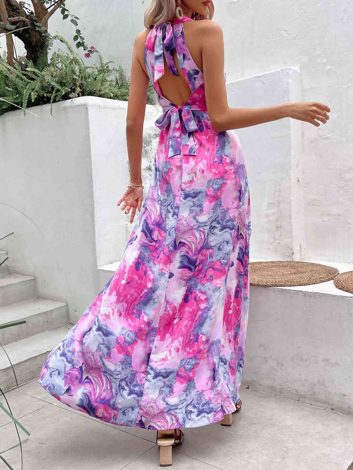 Printed Open Back Slit Sleeveless Dress |1mrk.com