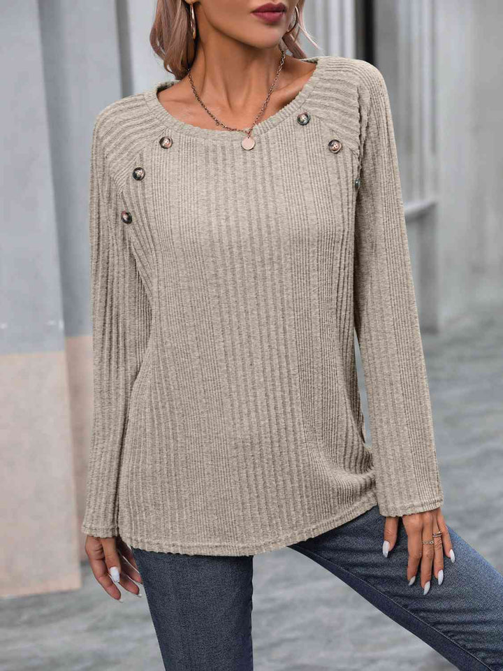 Ribbed Buttoned Round Neck Long Sleeve T-Shirt | 1mrk.com