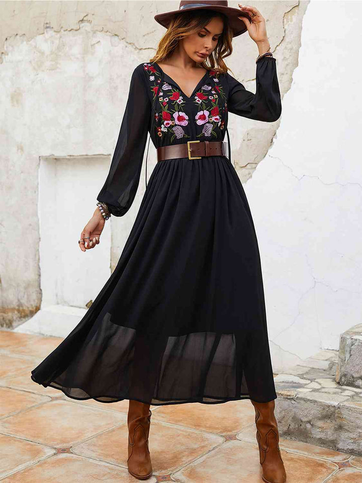 Flower Tie Neck Balloon Sleeve Dress |1mrk.com