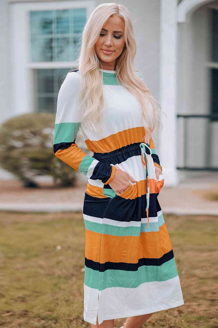 Striped Drawstring Waist Side Slit Midi Dress |1mrk.com