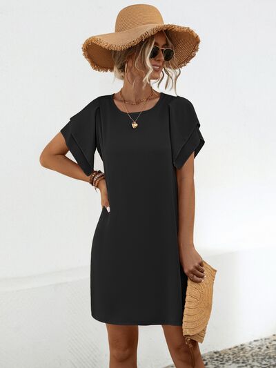 Round Neck Flutter Sleeve Mini Dress |1mrk.com