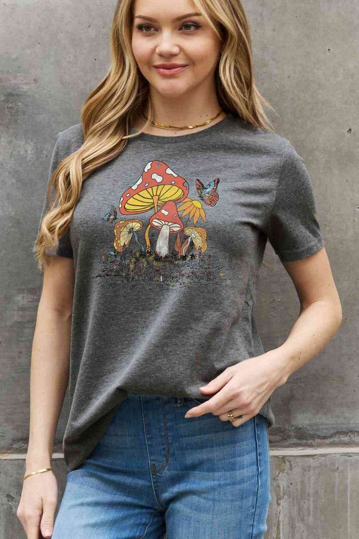 Simply Love Full Size Mushroom & Butterfly Graphic Cotton T-Shirt | 1mrk.com