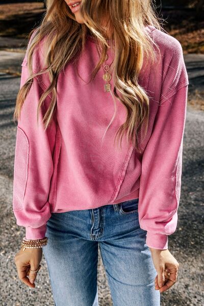 Exposed Seam Round Neck Long Sleeve Sweatshirt |1mrk.com