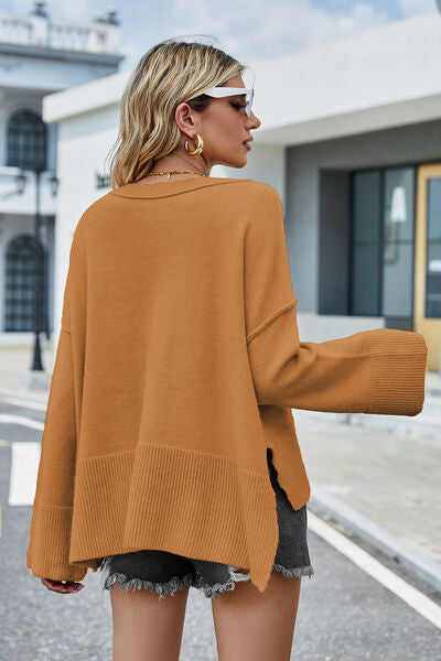 High-Low Slit Round Neck Long Sleeve Sweater | Trendsi