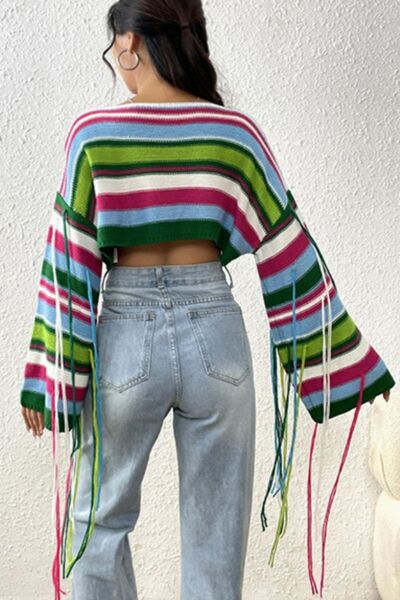 Fringe Striped Round Neck Knit Top | Trendsi