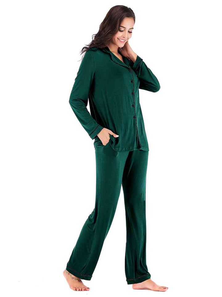 Collared Neck Long Sleeve Loungewear Set with Pockets | 1mrk.com