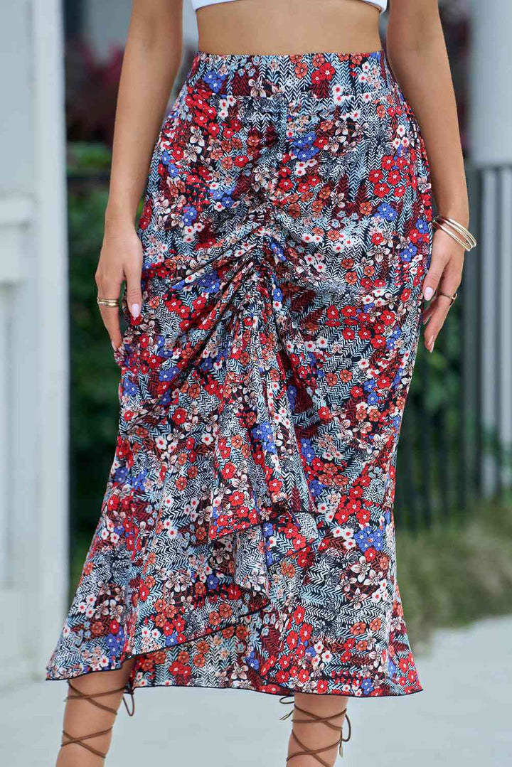 Floral High Waist Ruched Skirt |1mrk.com