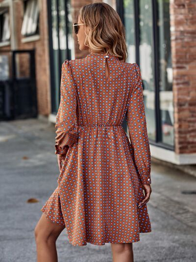 Printed Ruched Mock Neck Long Sleeve Dress |1mrk.com