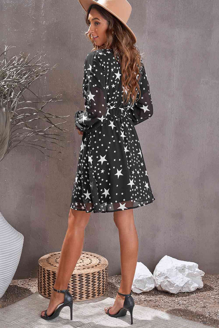 Star Print Dropped Shoulder Surplice Dress | 1mrk.com