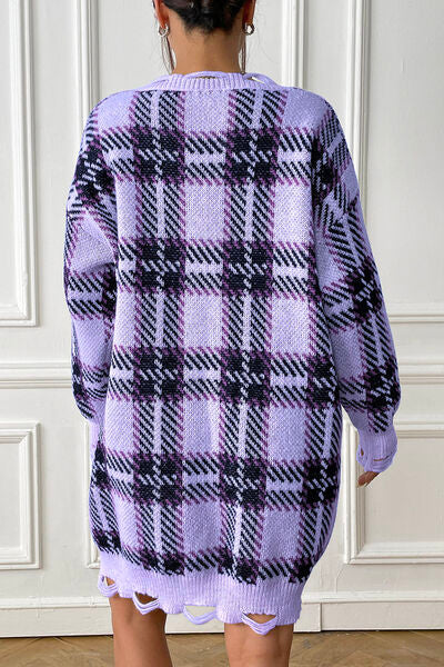 Plaid V-Neck Long Sleeve Sweater Dress | 1mrk.com