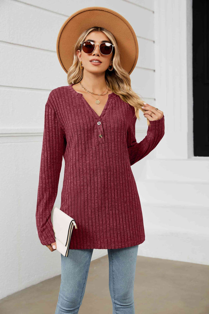 Notched Neck Ribbed Long Sleeve T-Shirt | 1mrk.com