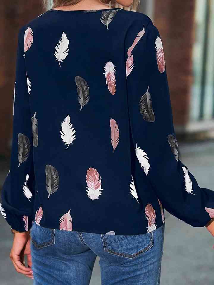 Printed Notched Neck Long Sleeve Blouse | 1mrk.com