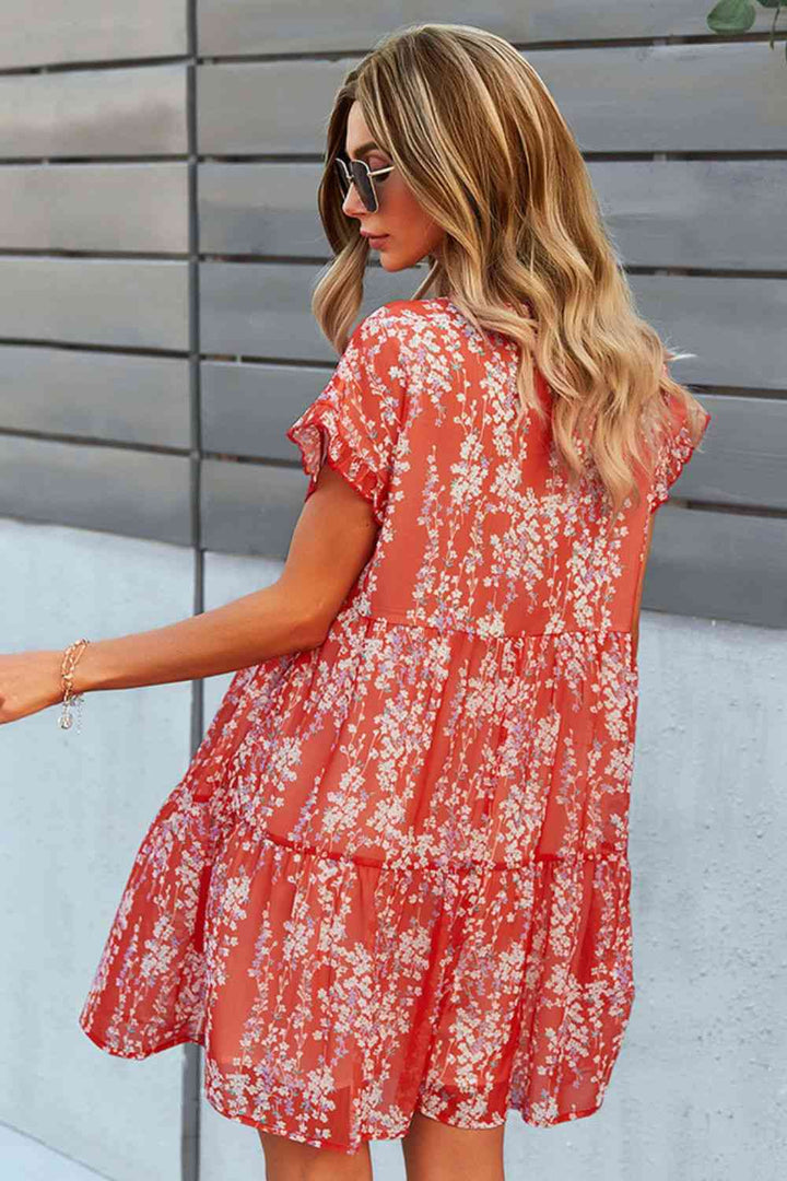 Printed V-Neck Short Sleeve Tiered Dress |1mrk.com