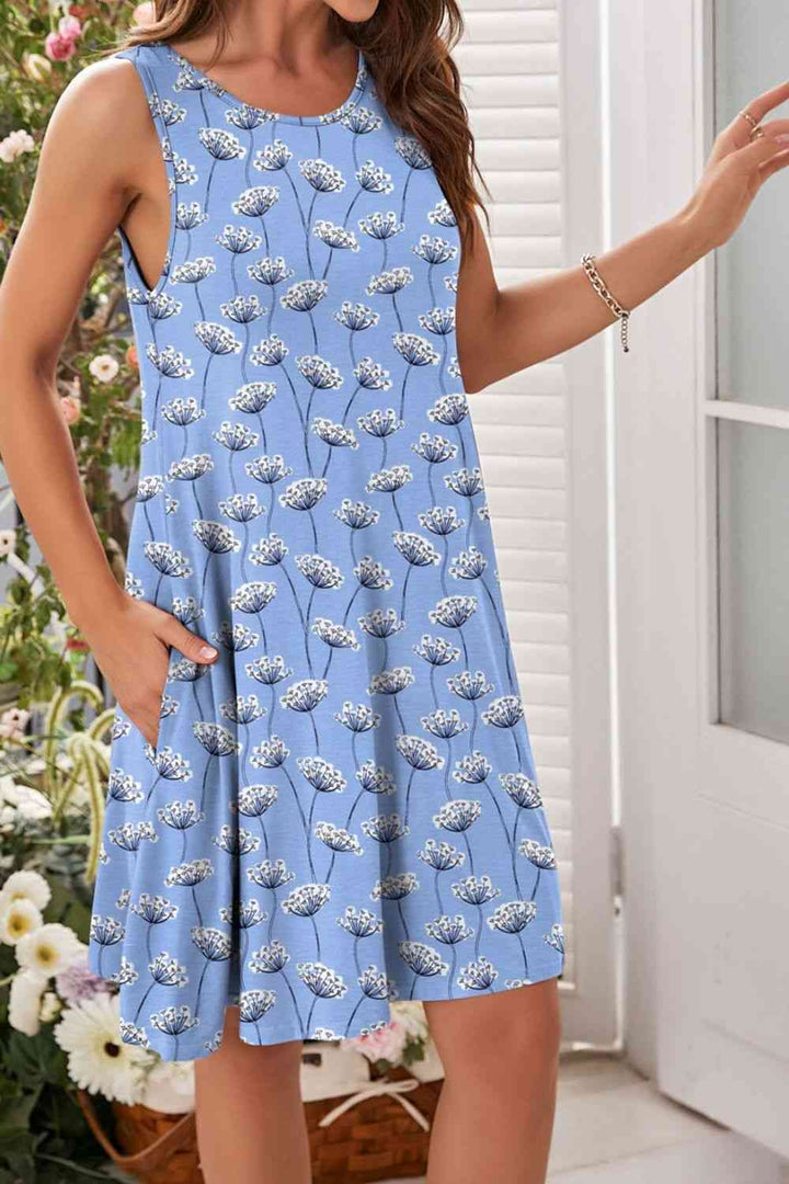 Printed Round Neck Sleeveless Dress |1mrk.com