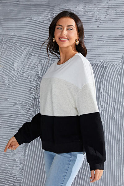 Color Block Round Neck Long Sleeve Sweatshirt |1mrk.com