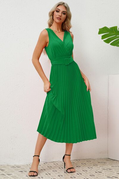 Surplice Sleeveless Midi Pleated Dress |1mrk.com