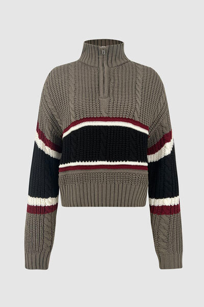 Cable-Knit Striped Quarter Zip Turtleneck Sweater |1mrk.com