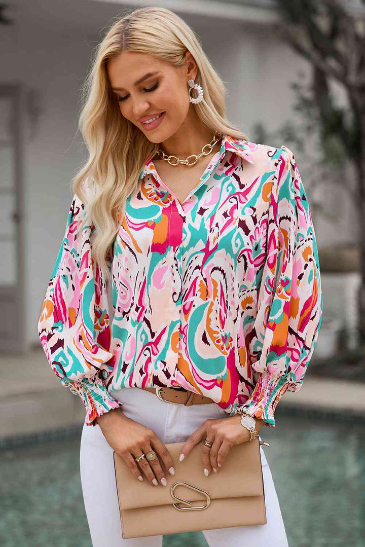 Printed Puff Sleeve Collared Blouse |1mrk.com