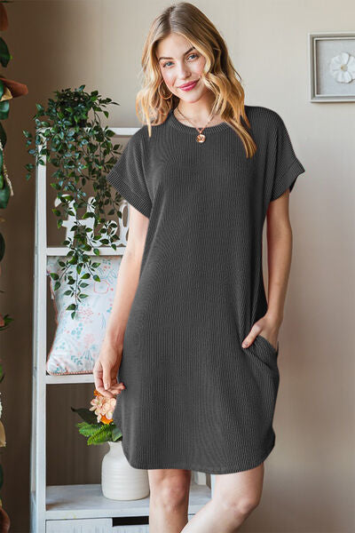 Heimish Full Size Ribbed Round Neck Short Sleeve Tee Dress |1mrk.com