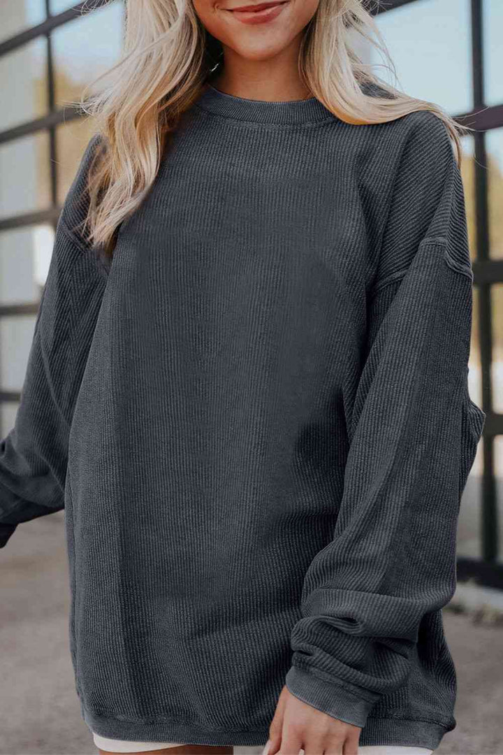 Ribbed Round Neck Drop Shoulder Sweatshirt |1mrk.com