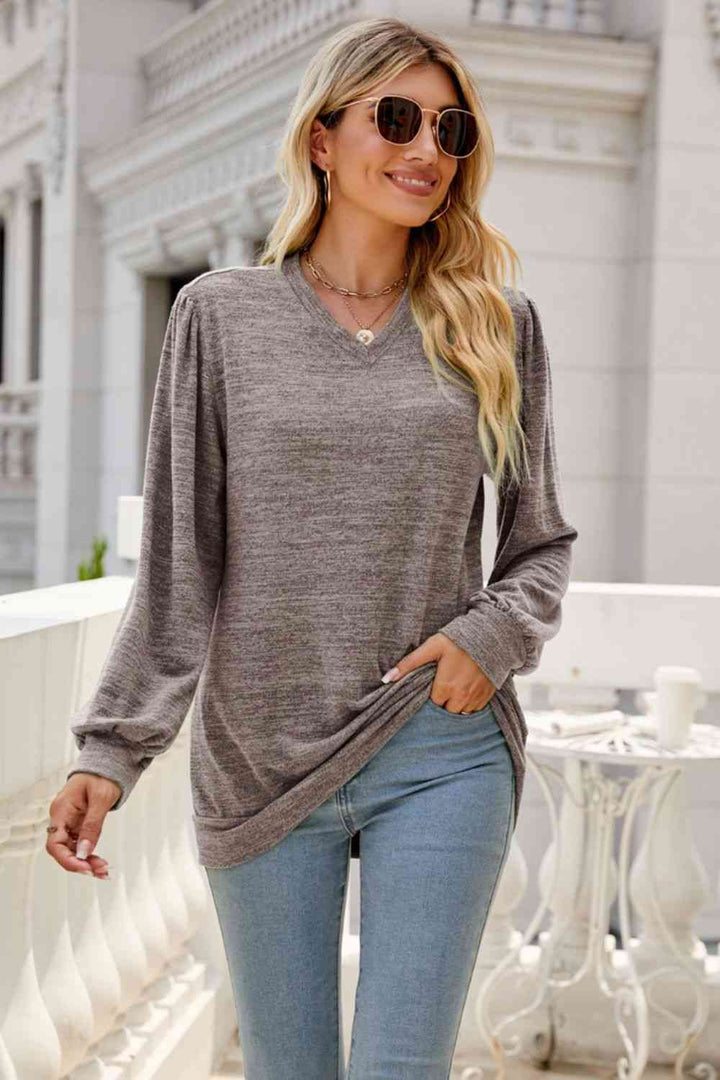 Long Puff Sleeve V-Neck Top | 1mrk.com